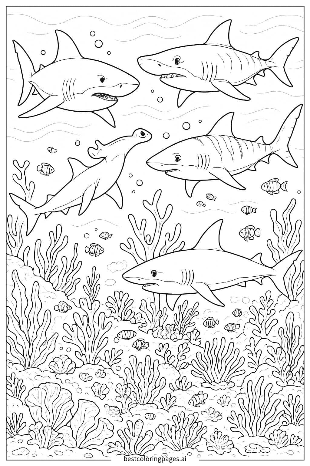Sharks Gliding Through a Vibrant Coral Reef Coloring Page