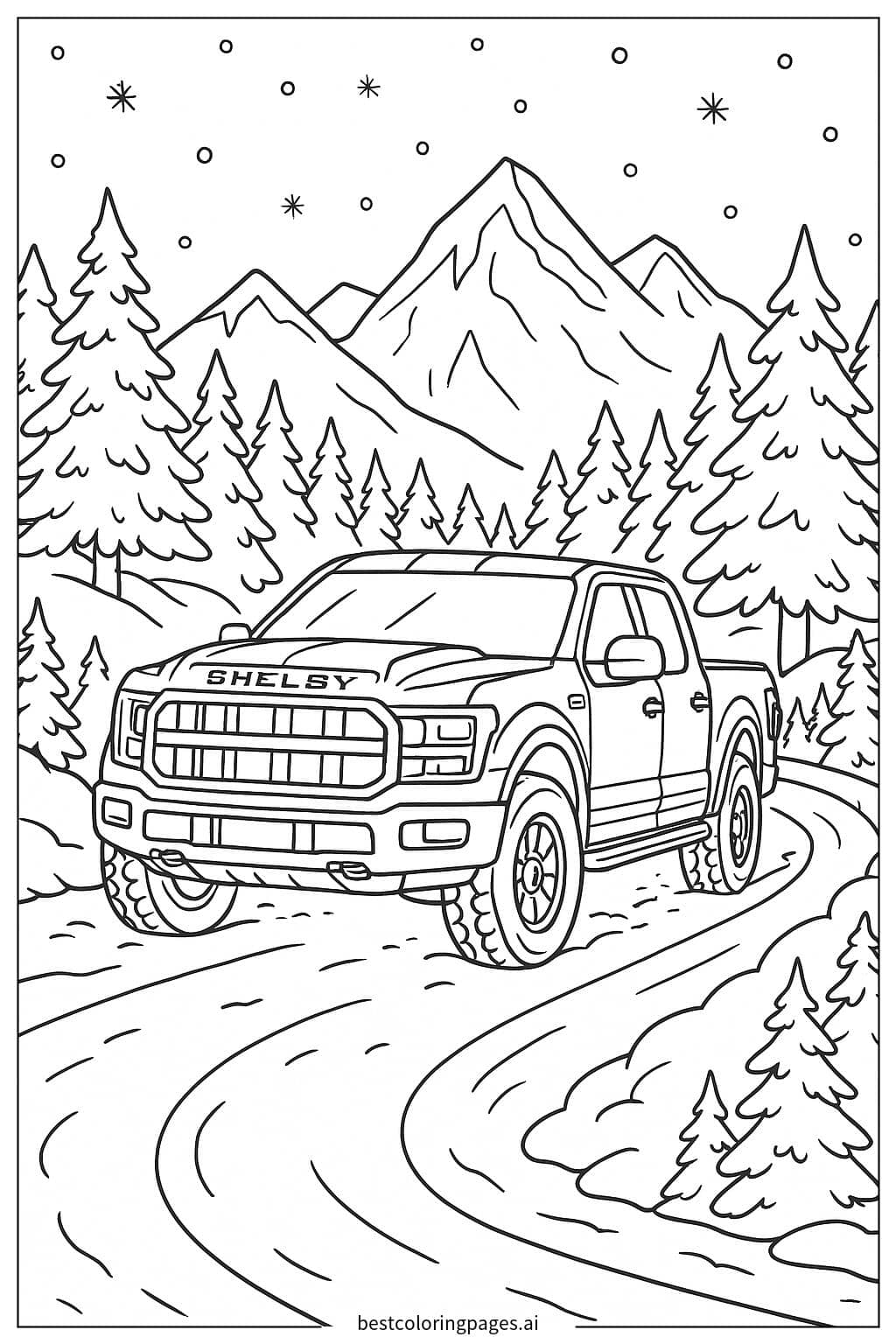 Desenhos de Caminhonete Shelby atravessando um desfiladeiro nevado para Colorir