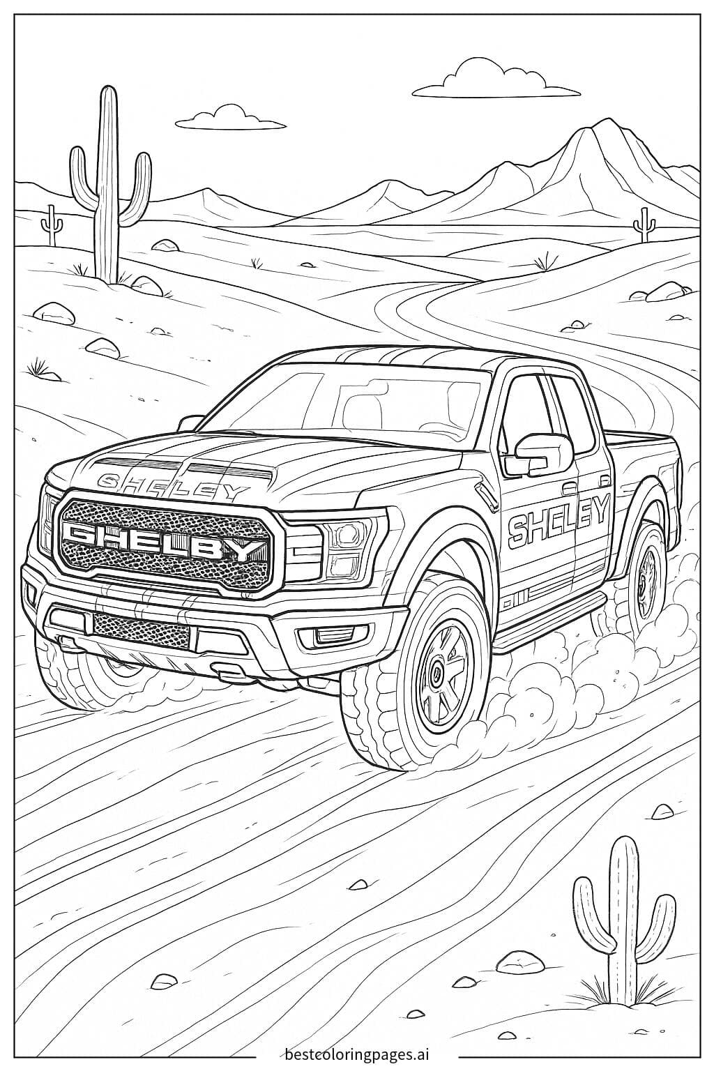 Gambar Mewarnai Truk Shelby Melaju di Bukit Pasir Gurun