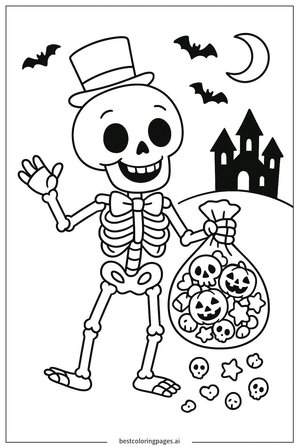 Skeleton with Halloween Treats Coloring Page