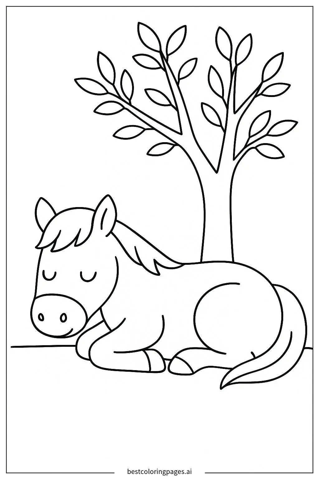 Sleeping Horse Under a Tree Coloring Page