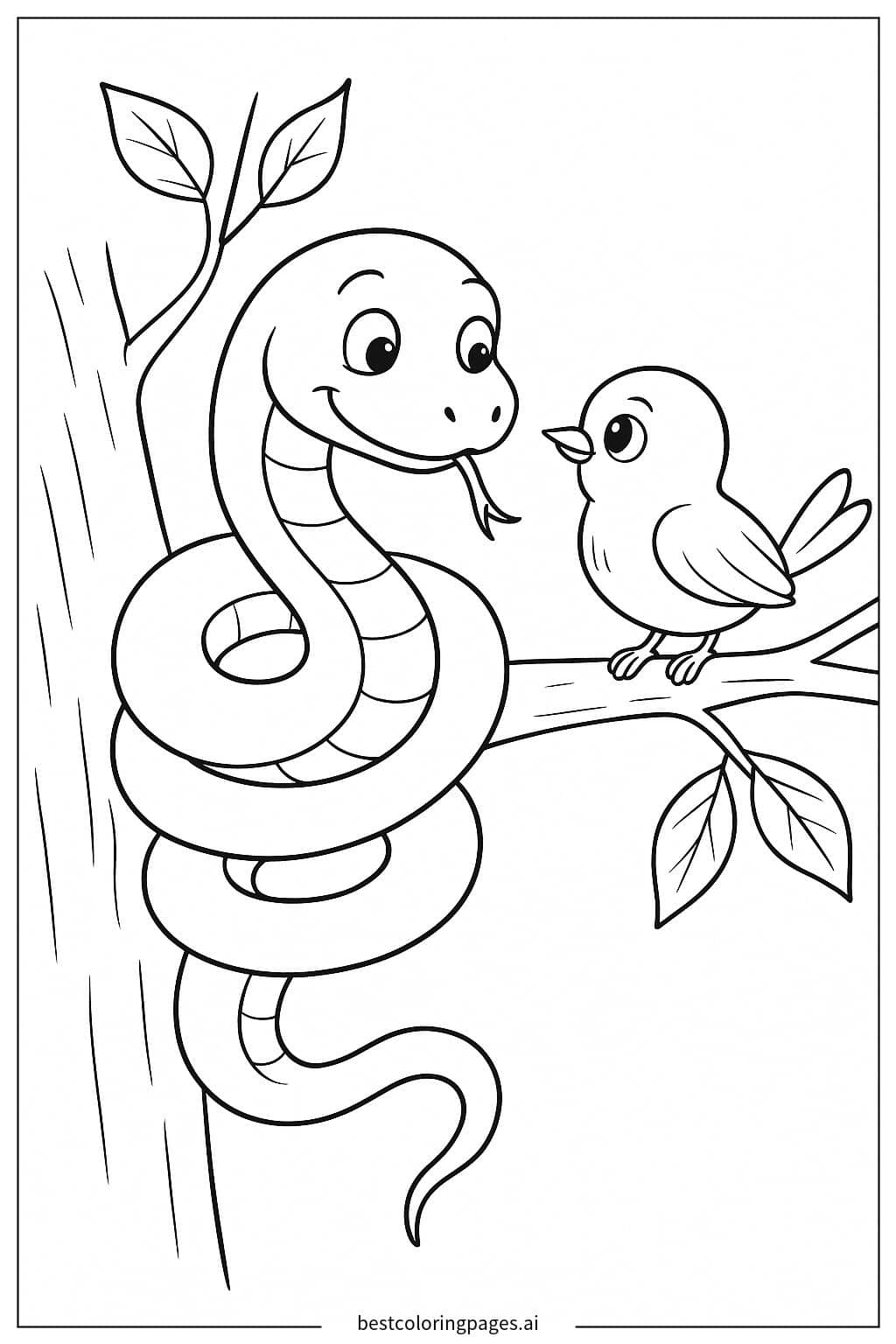 Snake and Bird Sharing a Moment on a Branch Coloring Page