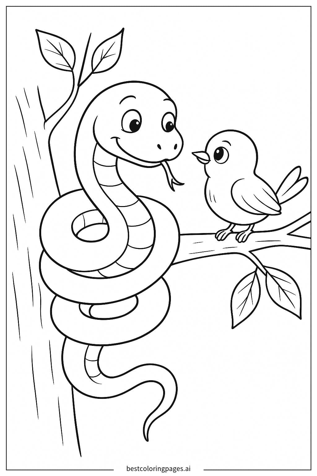 Snake and Bird Sharing a Moment on a Branch Coloring Page