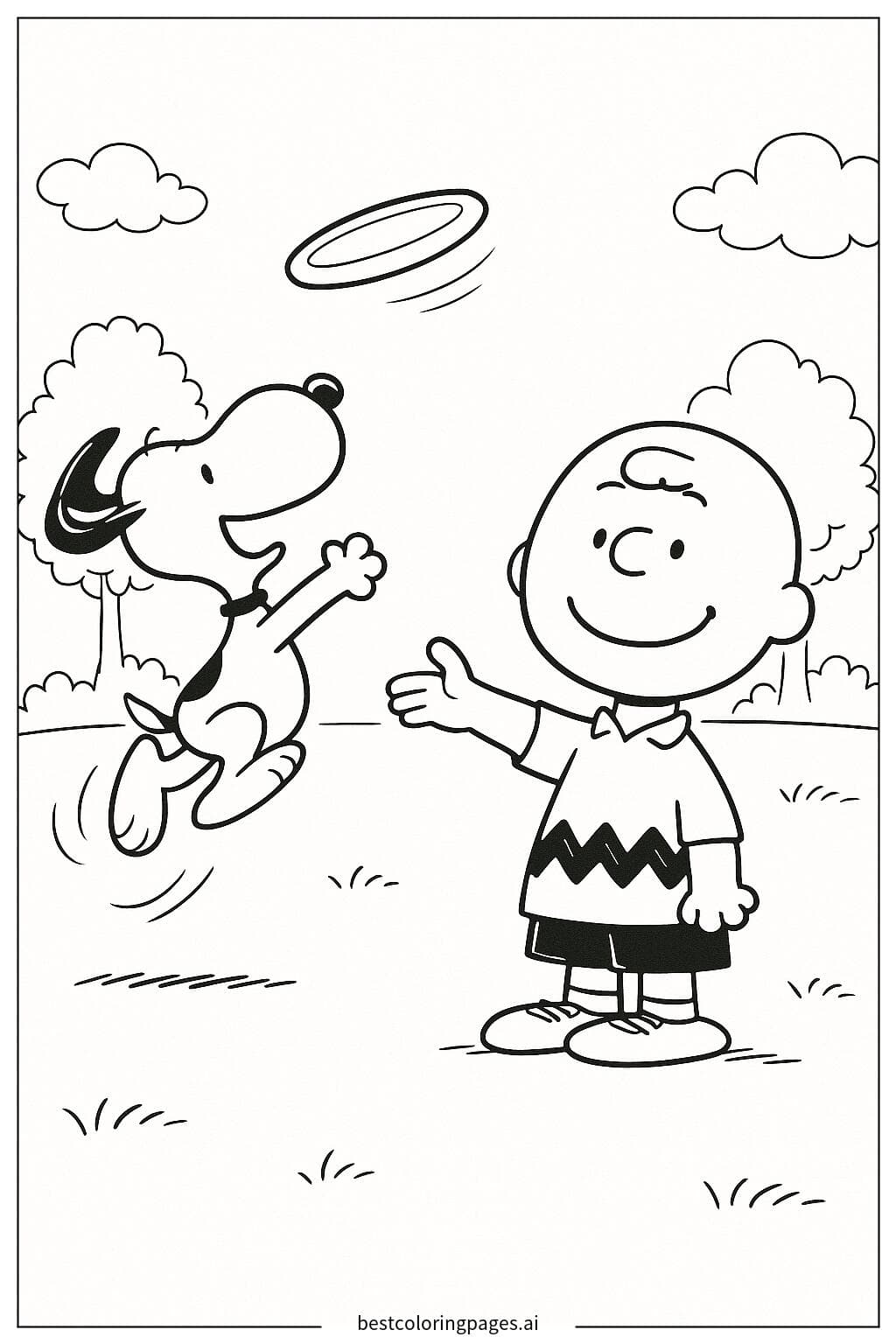 Snoopy and Charlie Brown Playing Frisbee