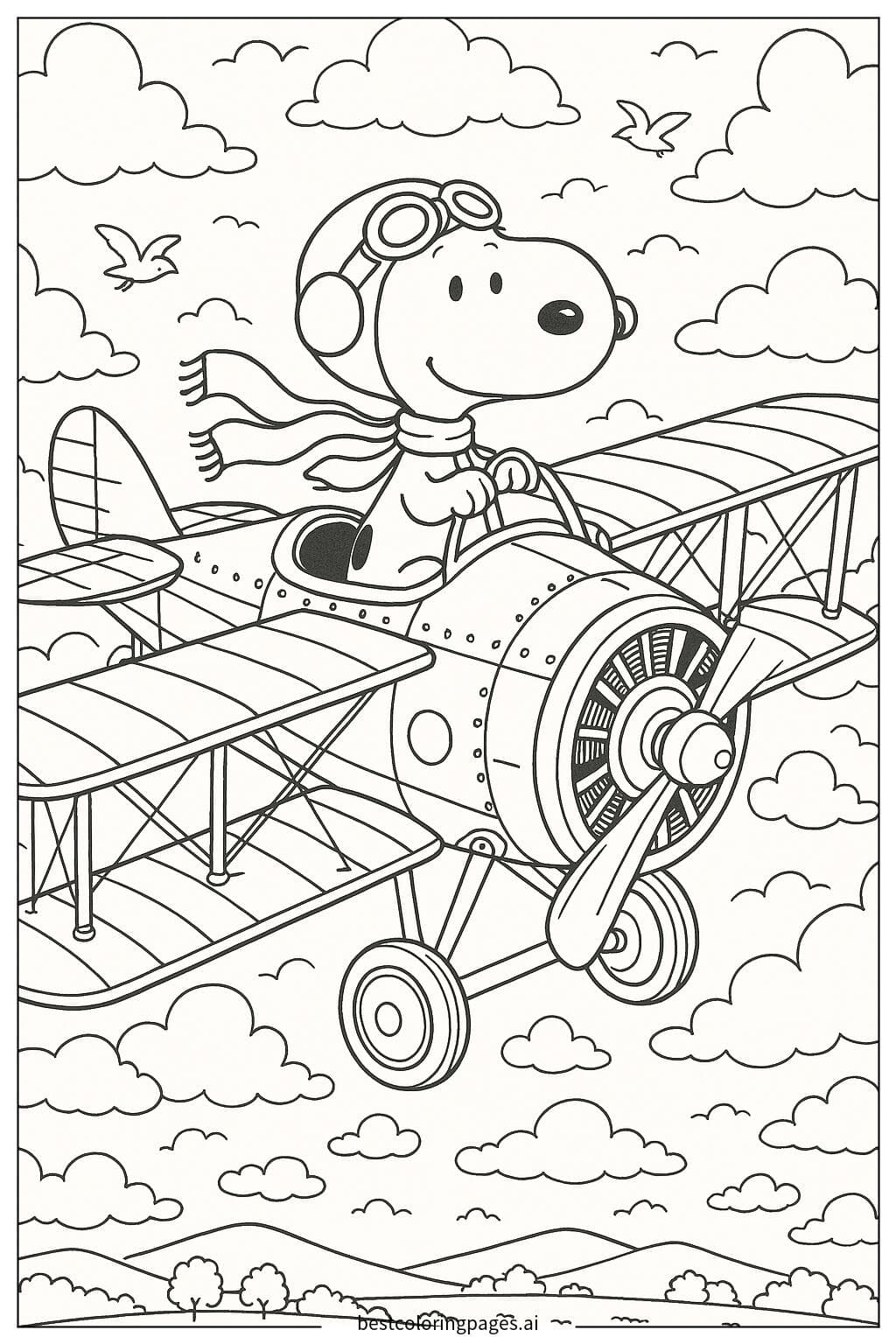 Snoopy vestito da pilota che vola su un aereo