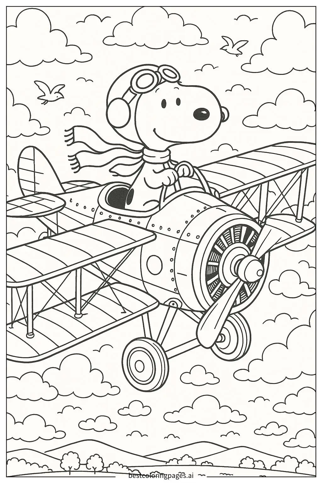 Disegni di Snoopy vestito da pilota che vola su un aereo da Colorare