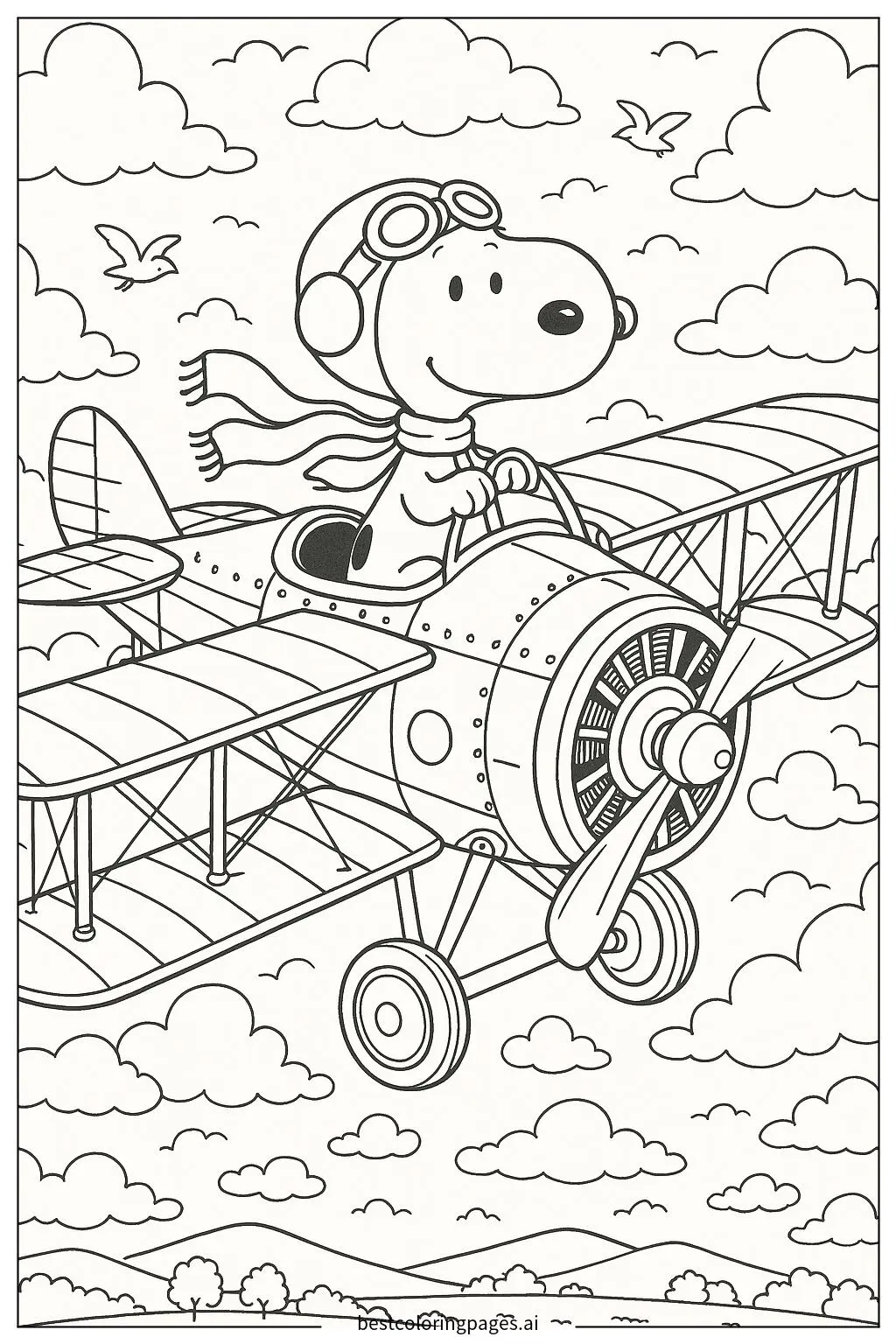 Snoopy vestito da pilota che vola su un aereo