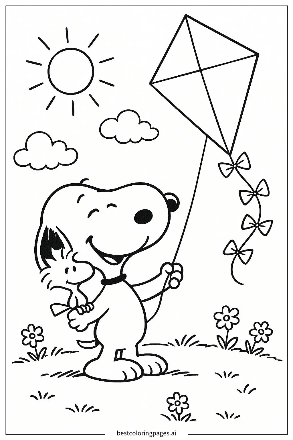 Disegni di Snoopy che fa volare un aquilone con Woodstock da Colorare