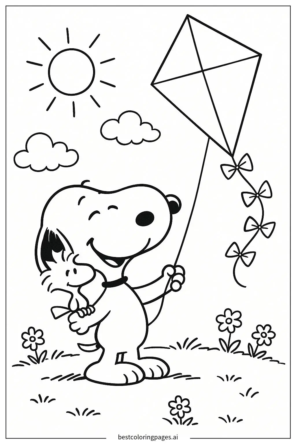 Snoopy che fa volare un aquilone con Woodstock