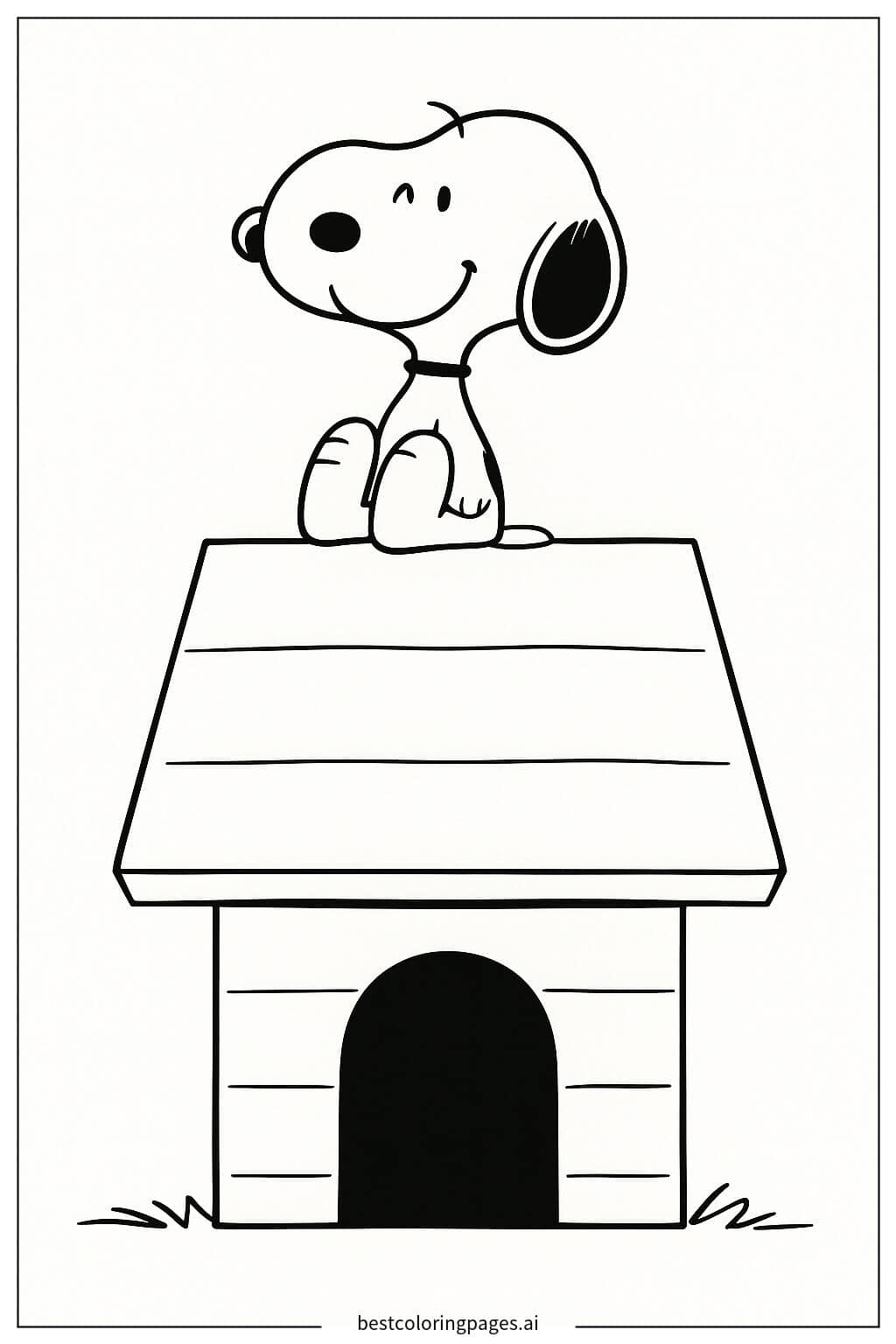 Disegni di Snoopy seduto sopra la sua cuccia da Colorare