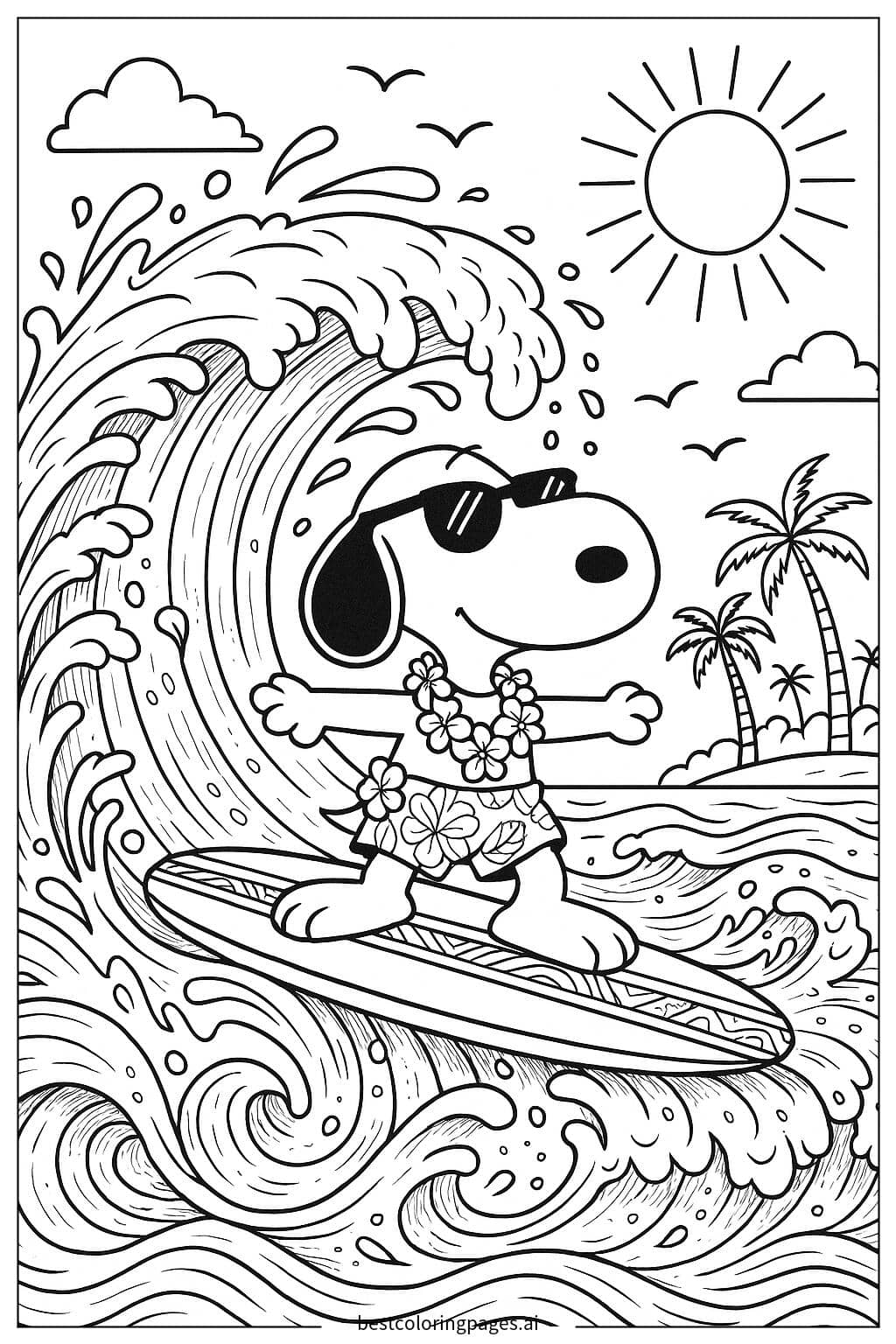 Disegni di Snoopy che fa surf su grandi onde da Colorare