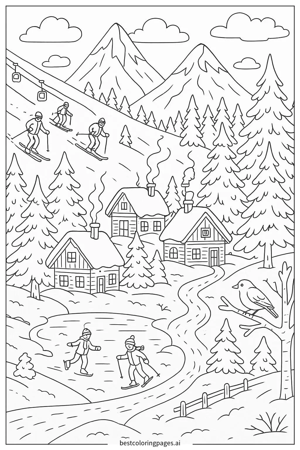 Gambar Mewarnai Desa Pegunungan Bersalju dengan Pemain Ski dan Kabin