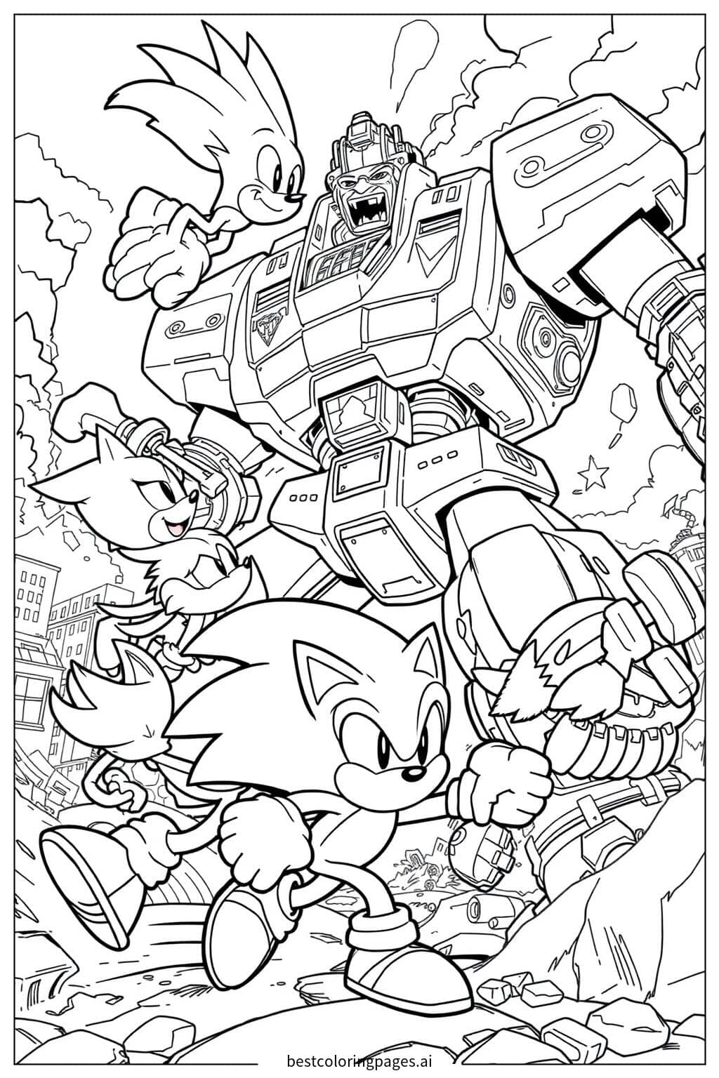 Coloriage Sonic et ses amis affrontant le gigantesque robot d'Eggman