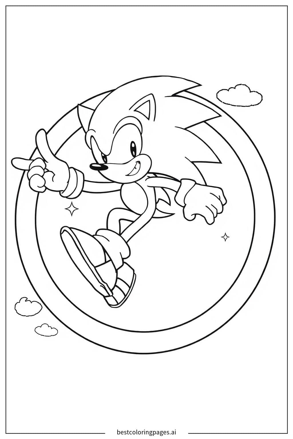 Coloriage Sonic sautant à travers un grand anneau doré