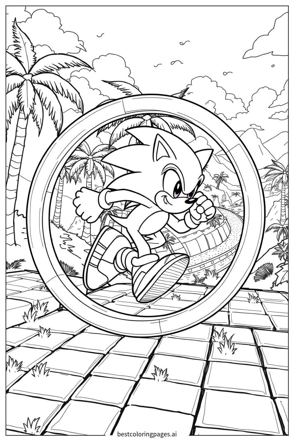 Coloriage Sonic traversant un loop dans la Green Hill Zone