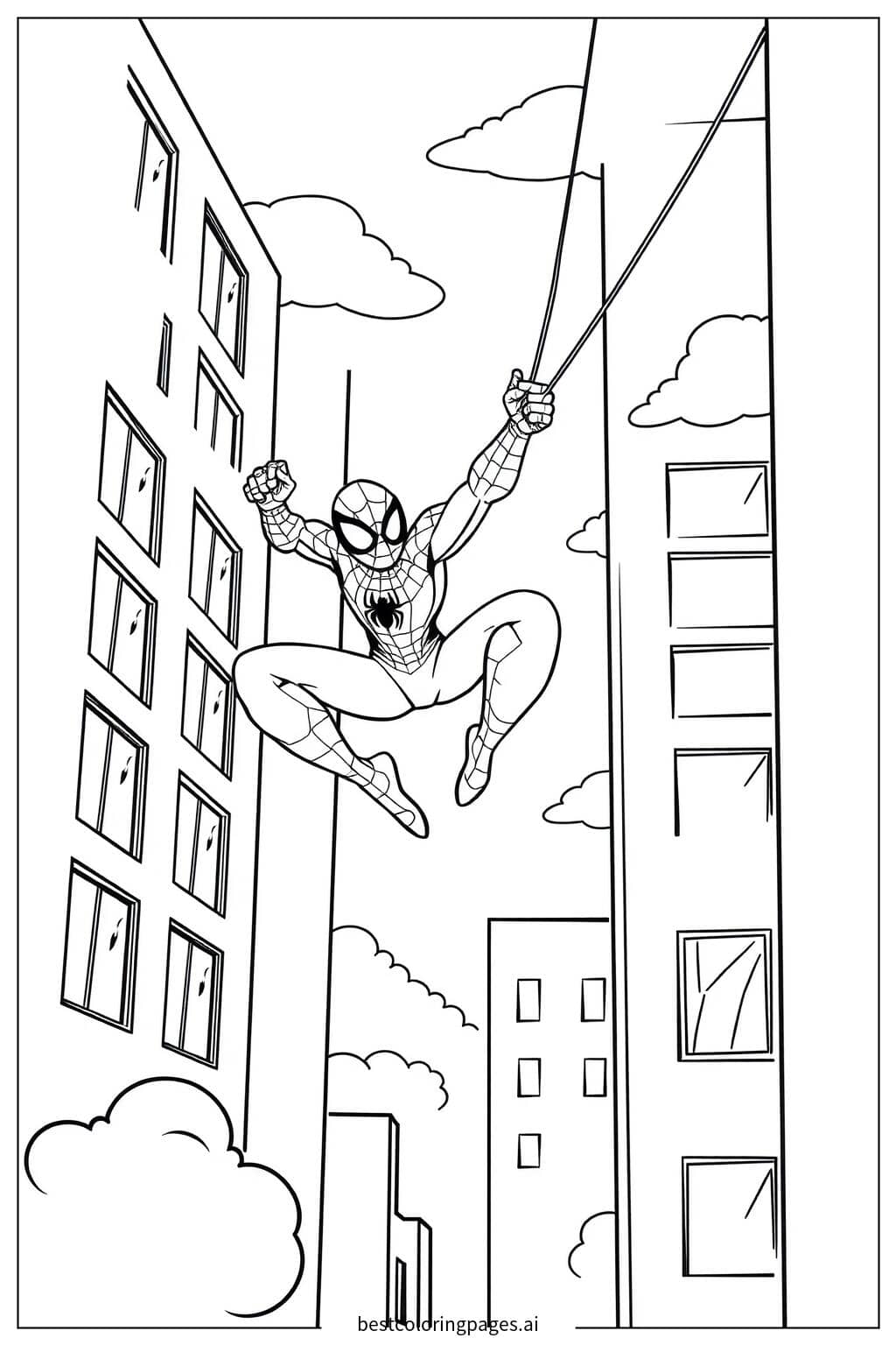 ภาพระบายสี สไปเดอร์แมนแกว่งไกวระหว่างตึกสองหลัง