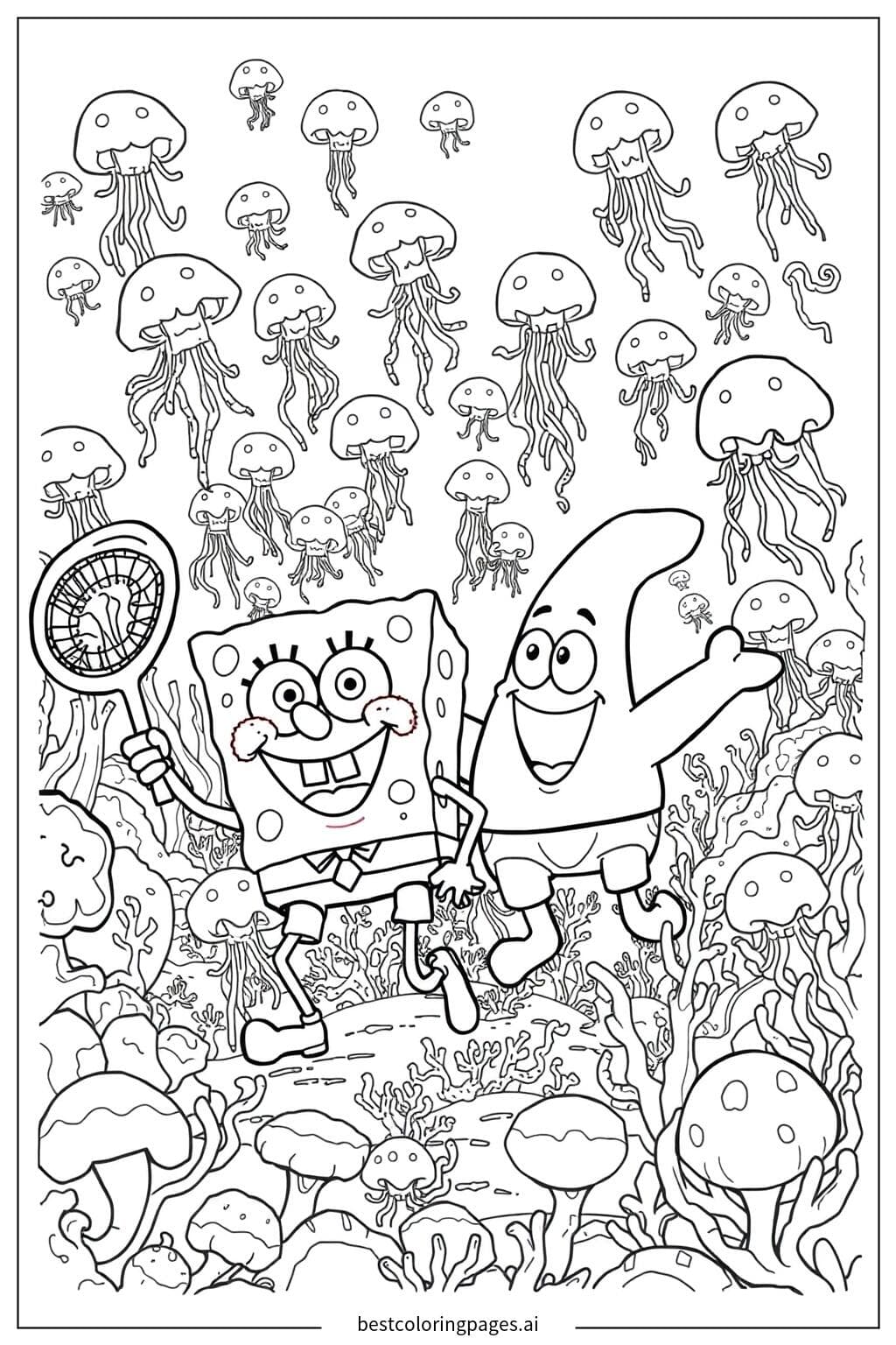 Bob Esponja e Patrick explorando um campo de águas-vivas