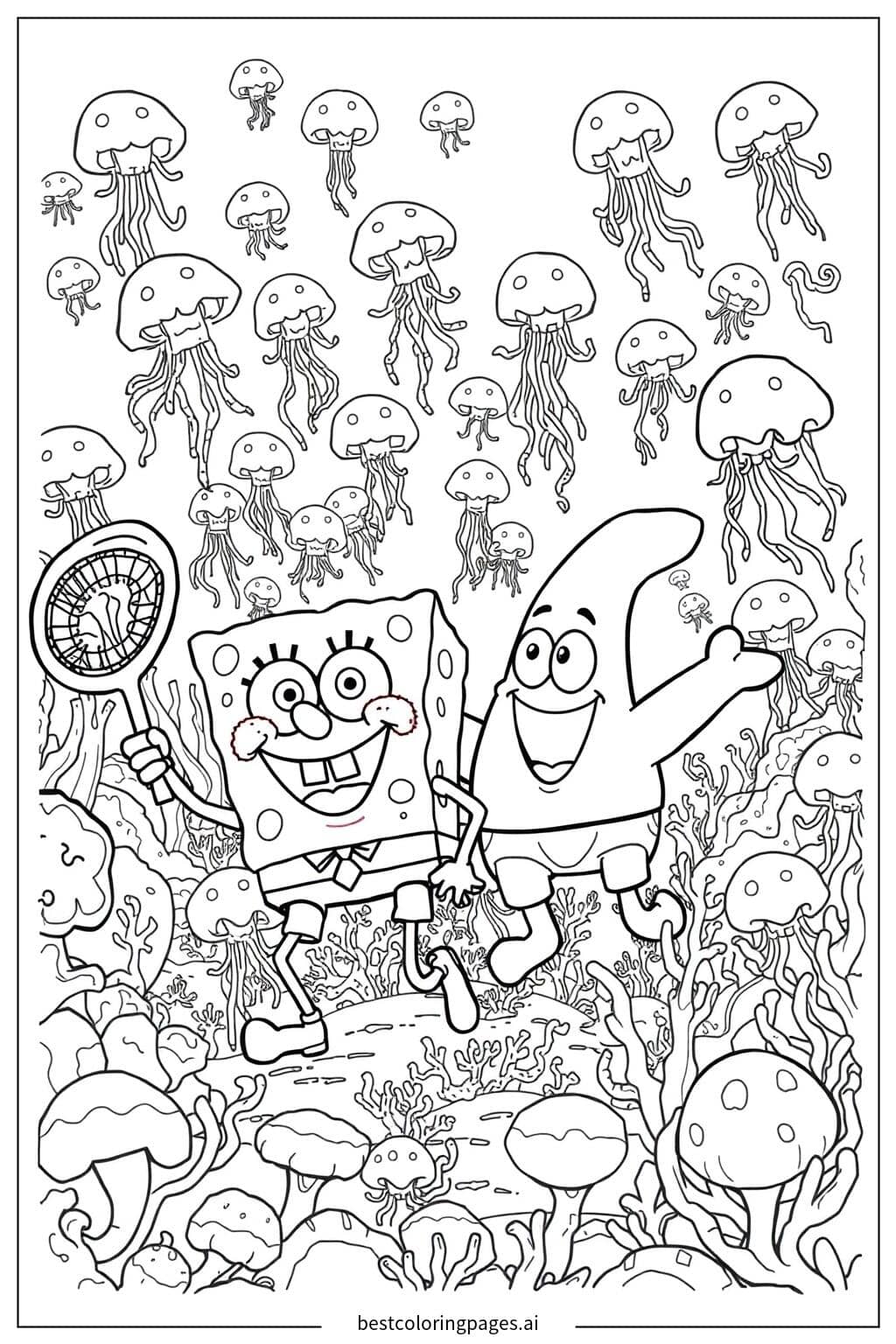 SpongeBob and Patrick Exploring a Jellyfish Field Coloring Page
