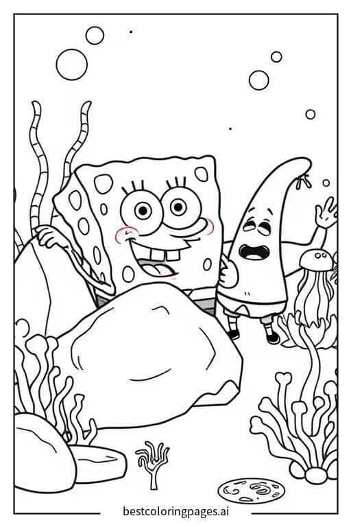SpongeBob and Patrick Playing Hide and Seek Coloring Page