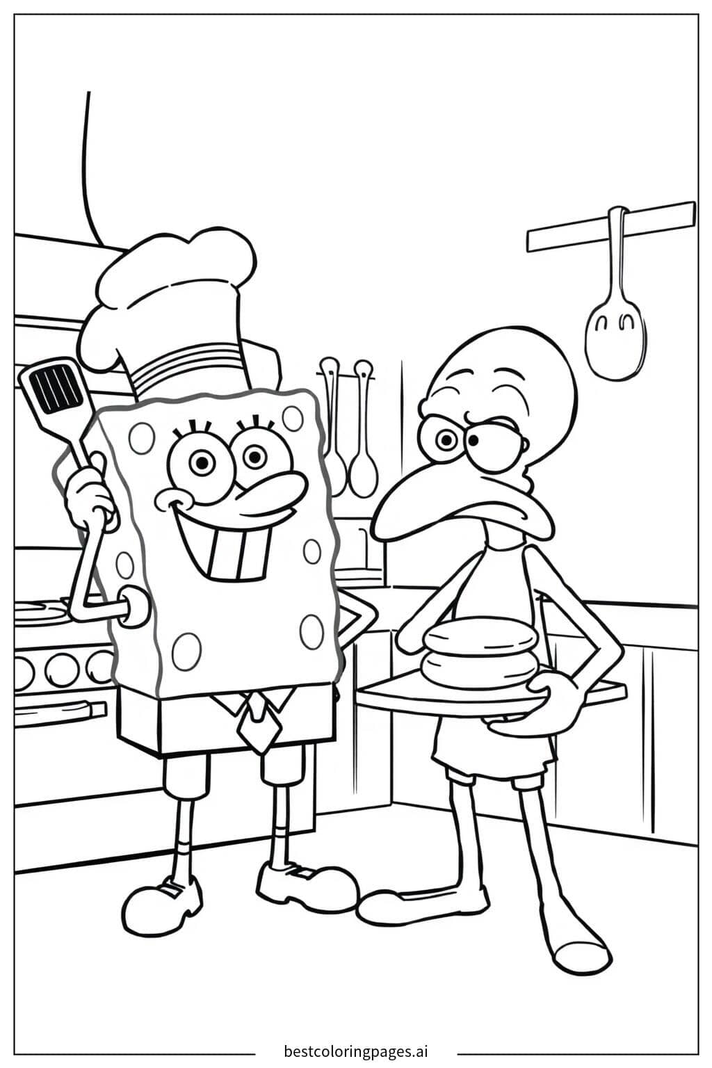 SpongeBob and Squidward Cooking Krabby Patties Coloring Page