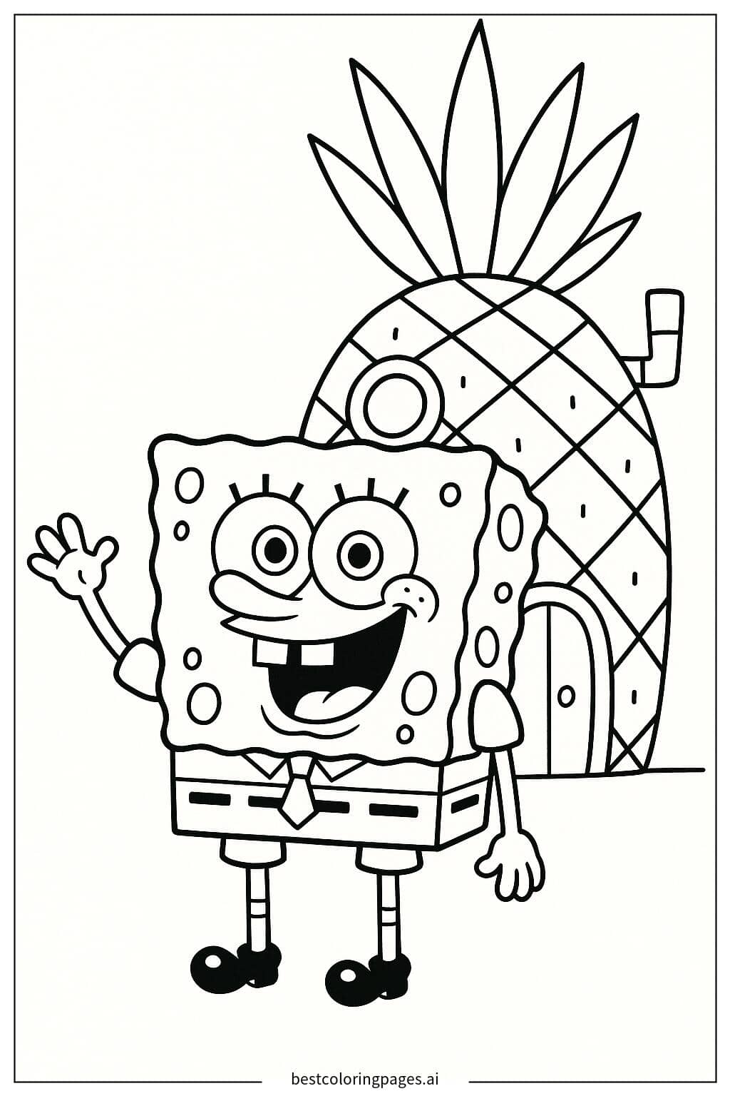 스폰지밥이 파인애플 집 앞에서 손을 흔들다 색칠공부