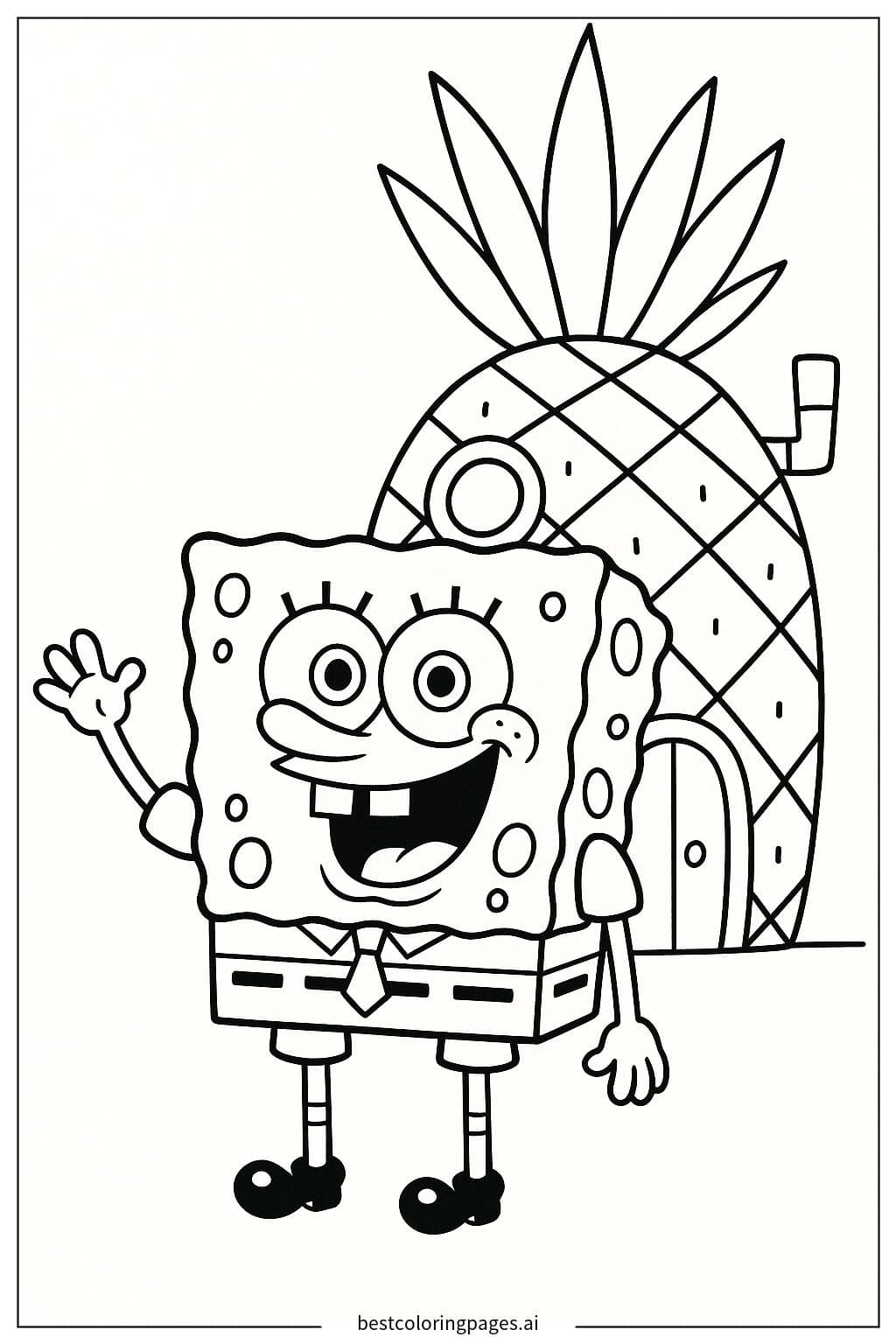 스폰지밥이 파인애플 집 앞에서 손을 흔들다 색칠공부