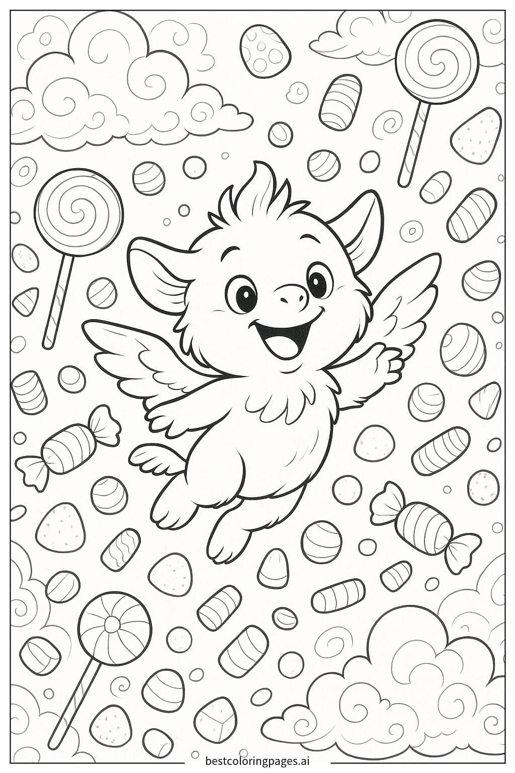 Sprunki Soaring Through a Candy-Filled Sky Coloring Page