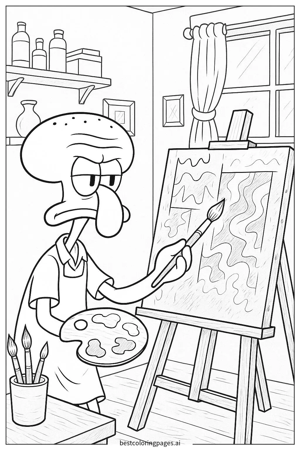 Squidward Painting a Masterpiece at Home
