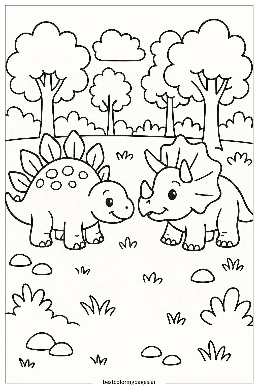 Stegosaurus and Triceratops Meet in a Lush Forest