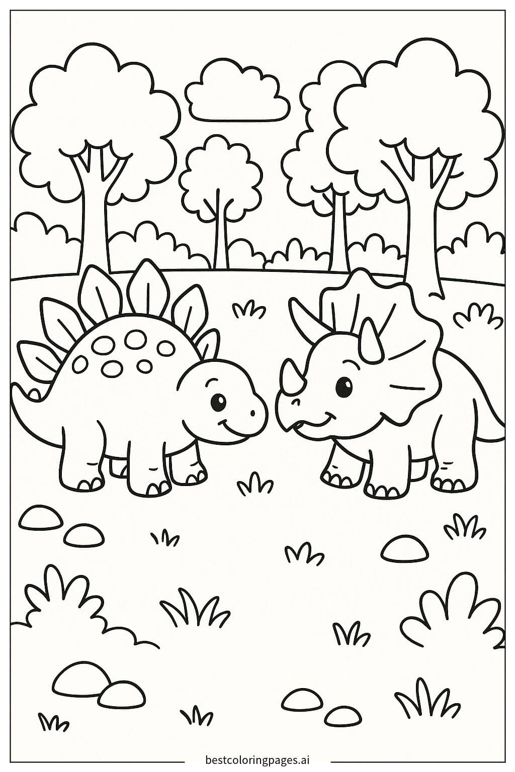 Stegosaurus and Triceratops Meet in a Lush Forest Coloring Page