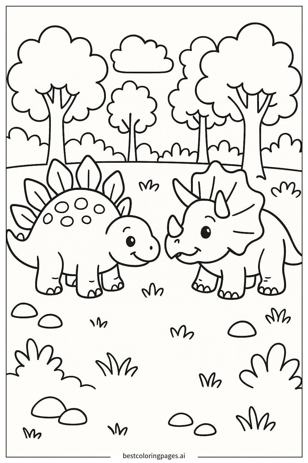 Stegosaurus and Triceratops Meet in a Lush Forest
