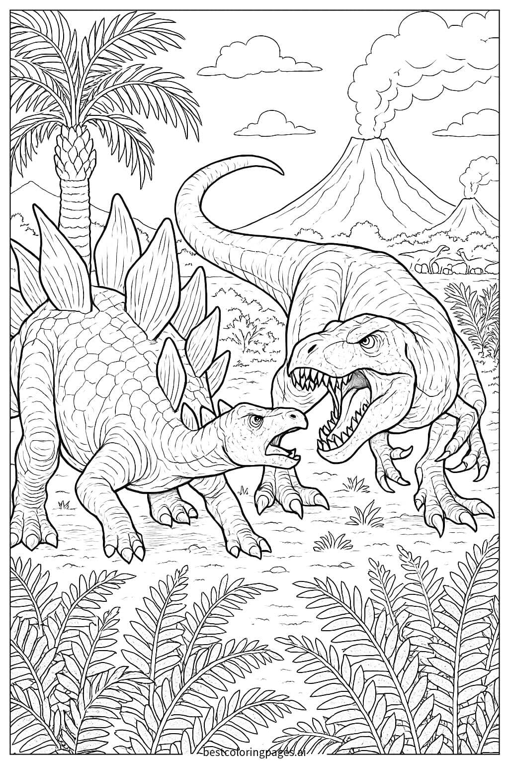 Epic Battle: Stegosaurus vs Carnivorous Dinosaur Coloring Page
