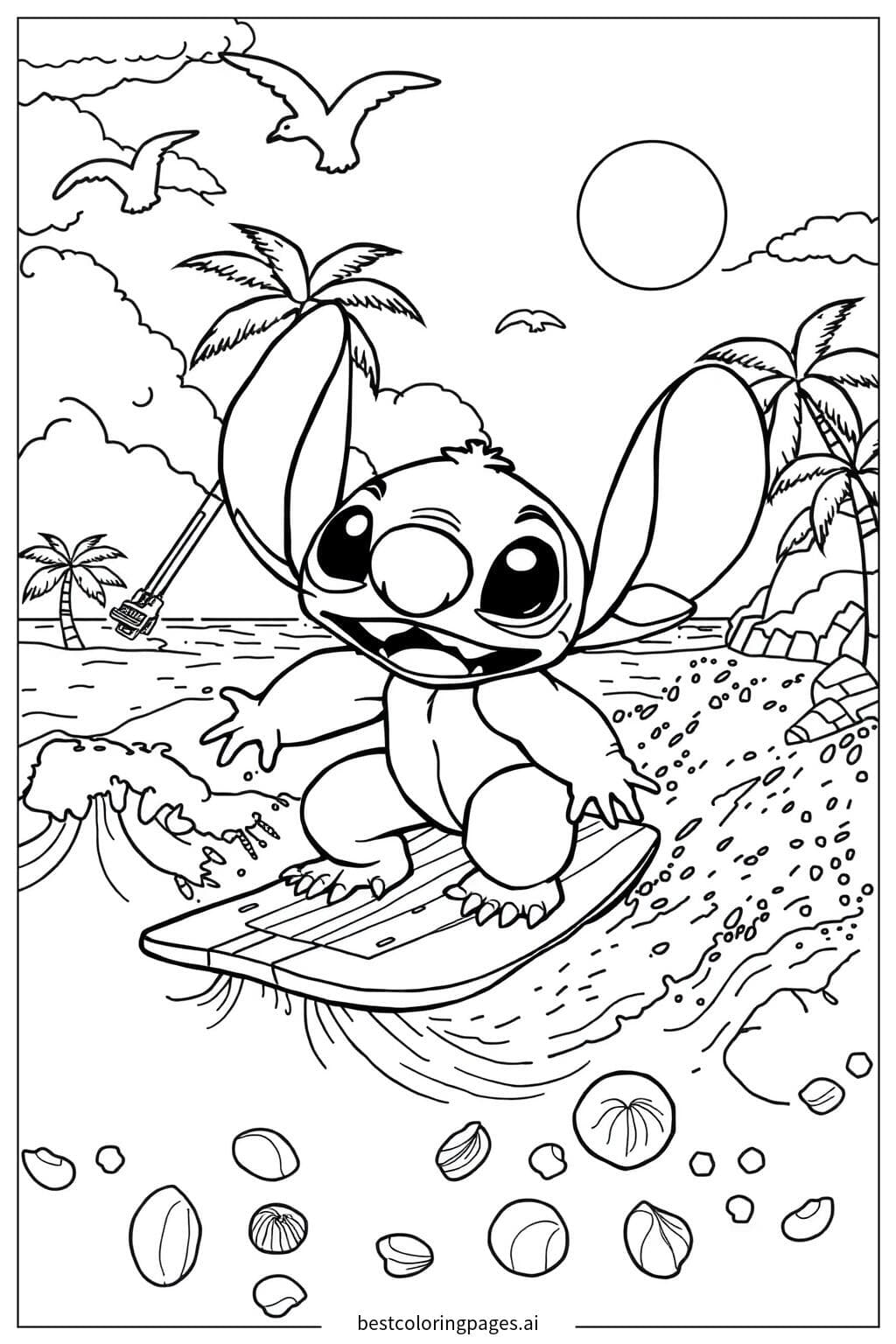 해변에서 서핑하는 스티치 색칠공부