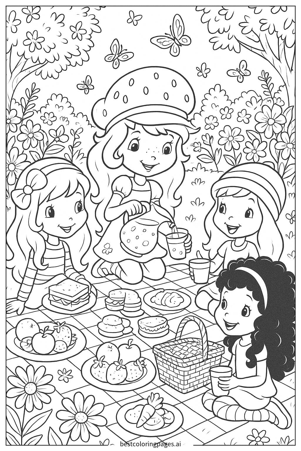 Desenhos de Moranguinho e Amigos em um Piquenique para Colorir