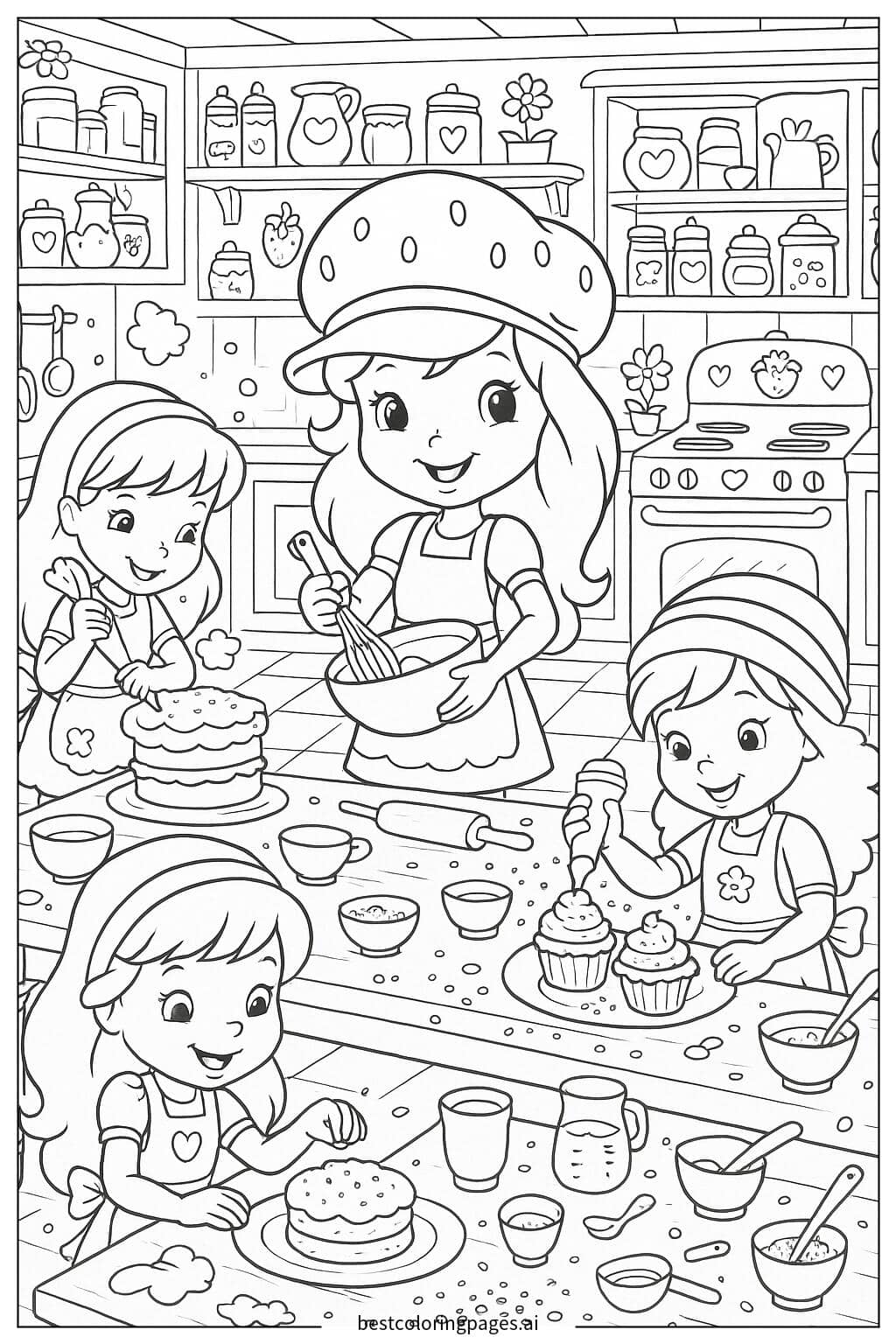 Strawberry Shortcake and Friends Baking in a Vibrant Kitchen Coloring Page