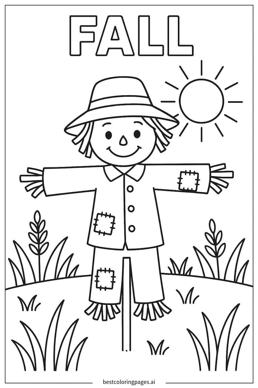 Sunshine Over a Fall Field with a Cheerful Scarecrow Coloring Page