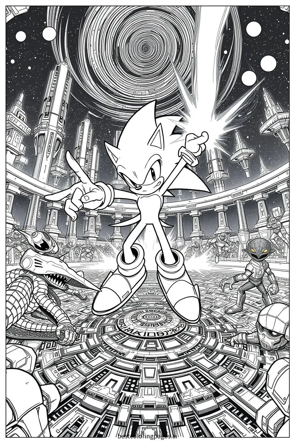 Super Sonic kämpft in einer intergalaktischen Arena Ausmalbilder