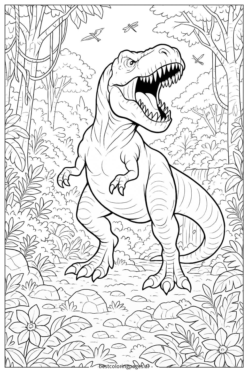 T-Rex Exploring a Dense Jungle Coloring Page