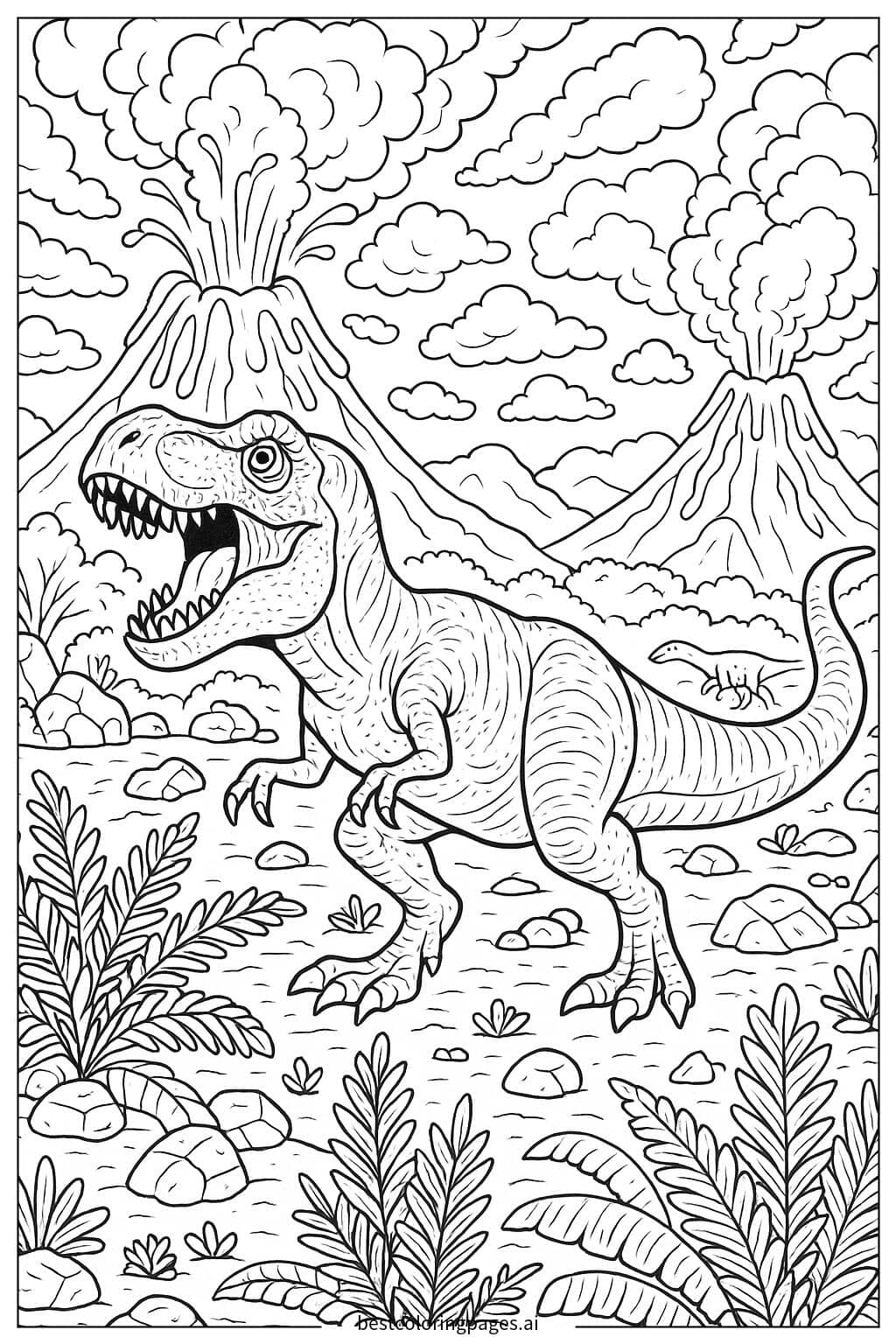 Desenhos de T-Rex em uma cena pré-histórica de erupção vulcânica para Colorir