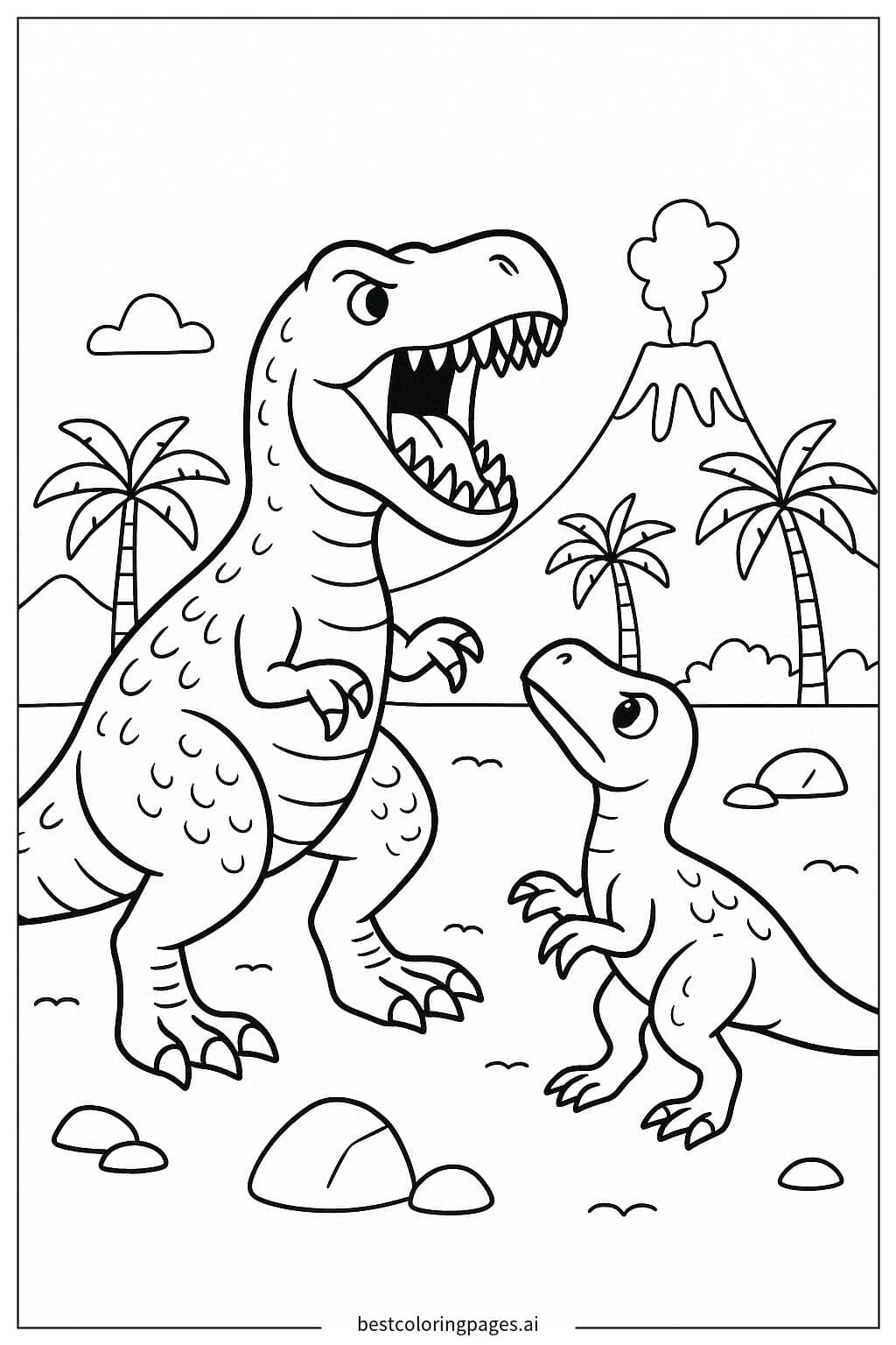 T-Rex Roaring at a Smaller Dinosaur Coloring Page
