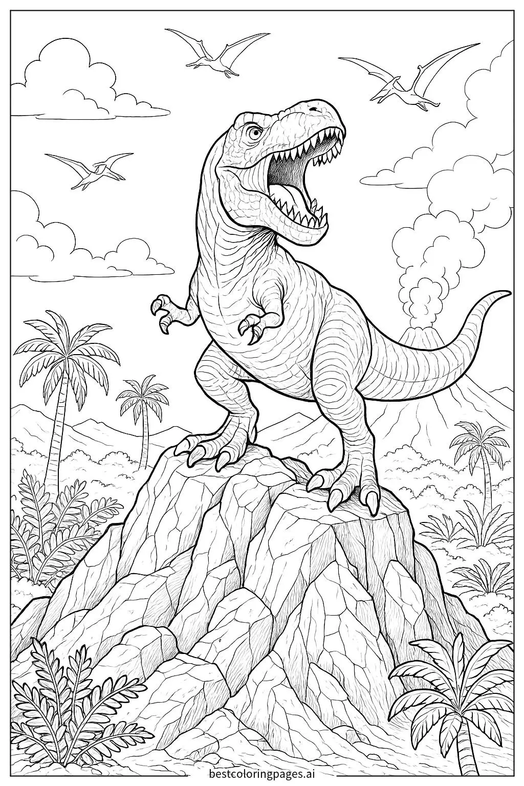 T-Rex Roaring on a Mountain Coloring Page