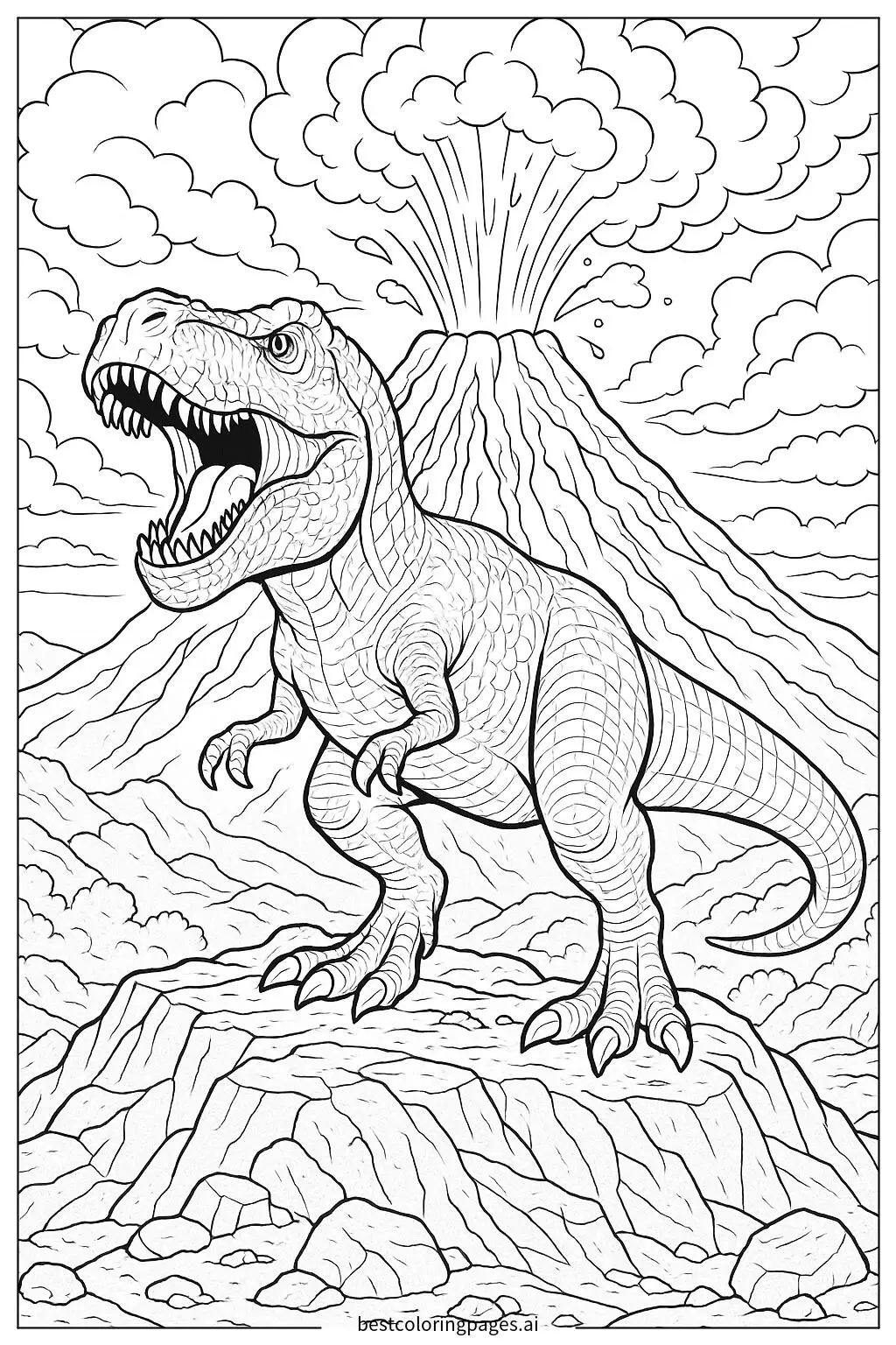 T-Rex Roaring on a Volcanic Mountain Coloring Page