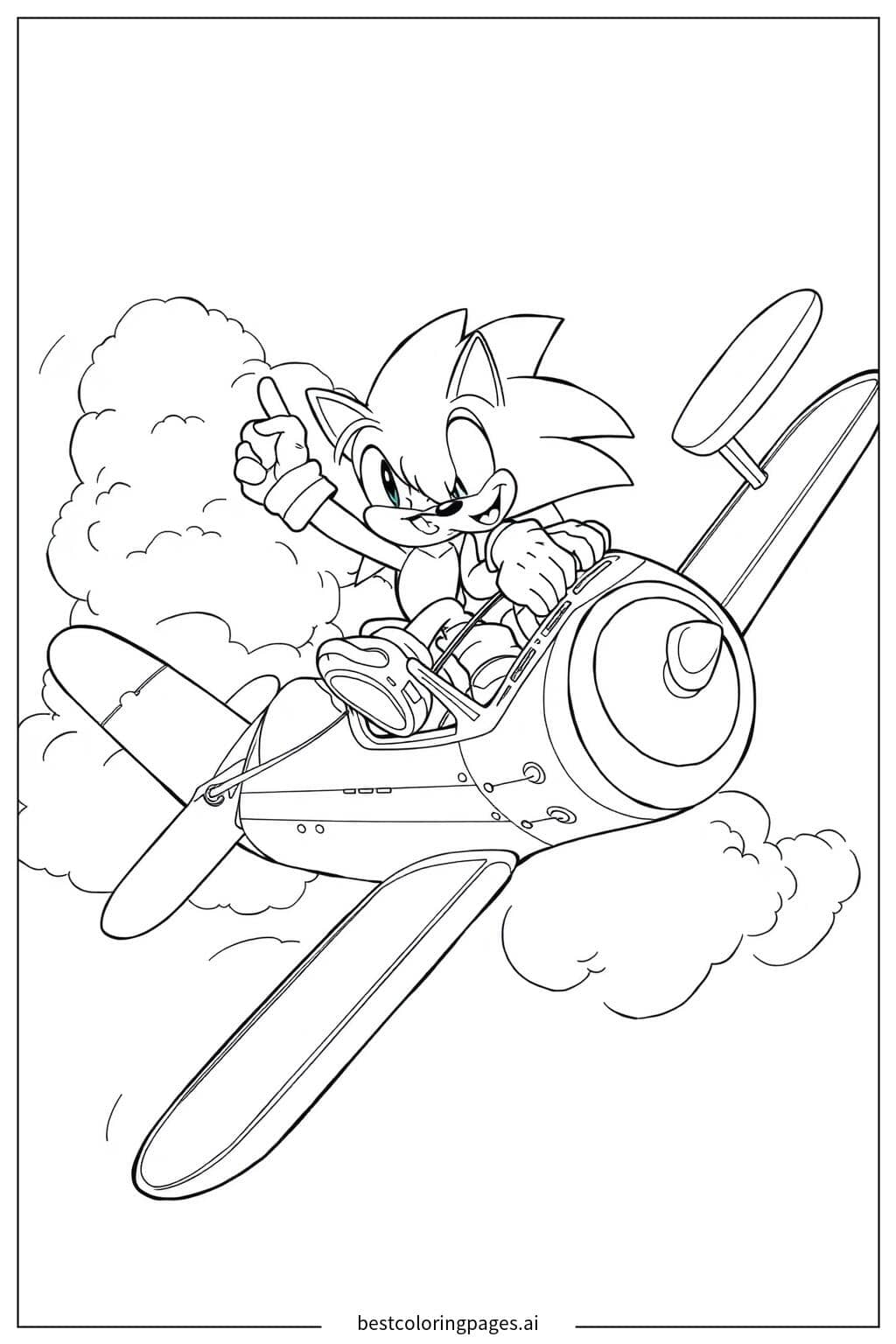 Coloriage Tails et Sonic pilotant un biplan ensemble