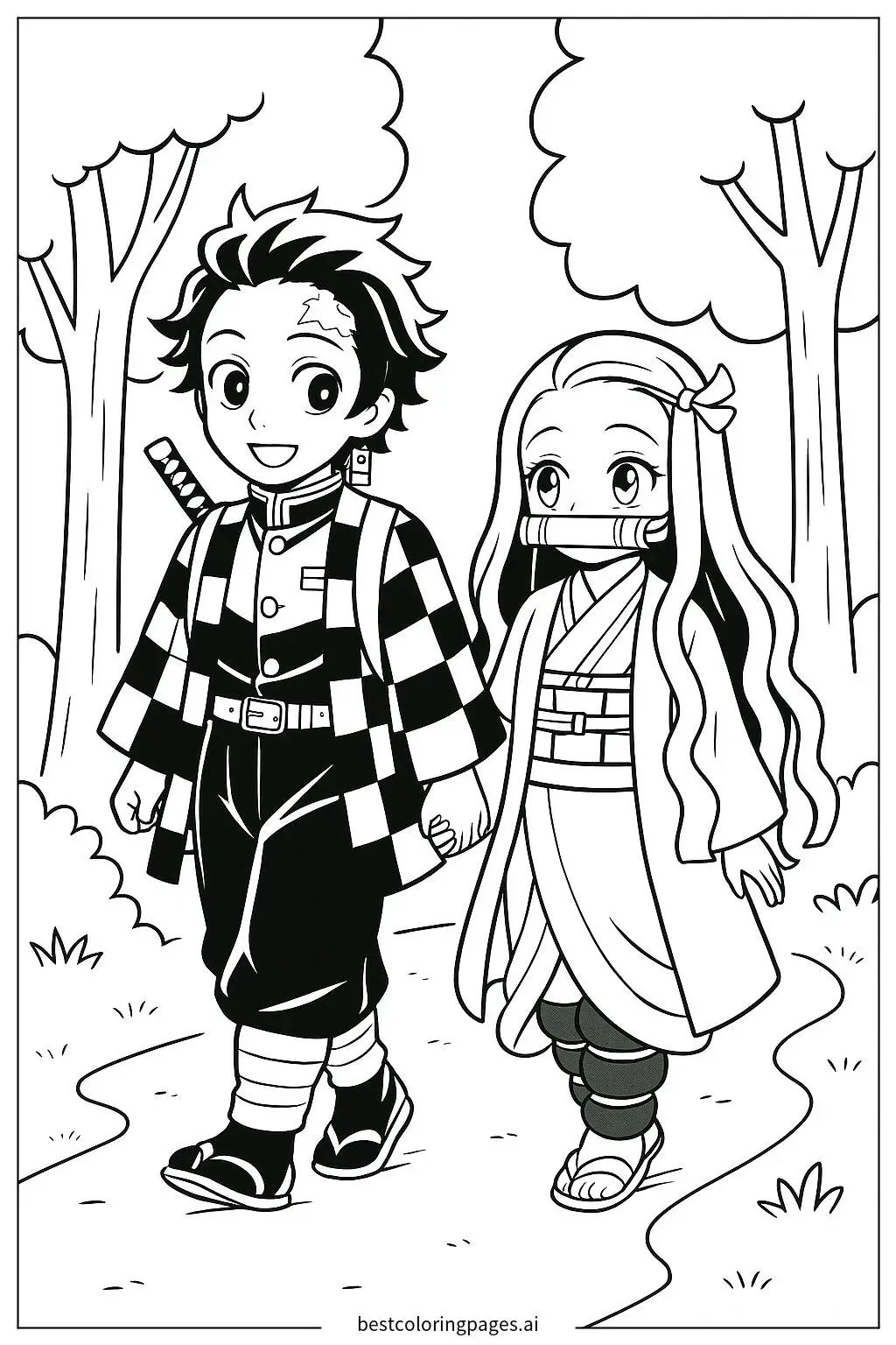Disegni di Tanjiro e Nezuko camminano nella foresta da Colorare