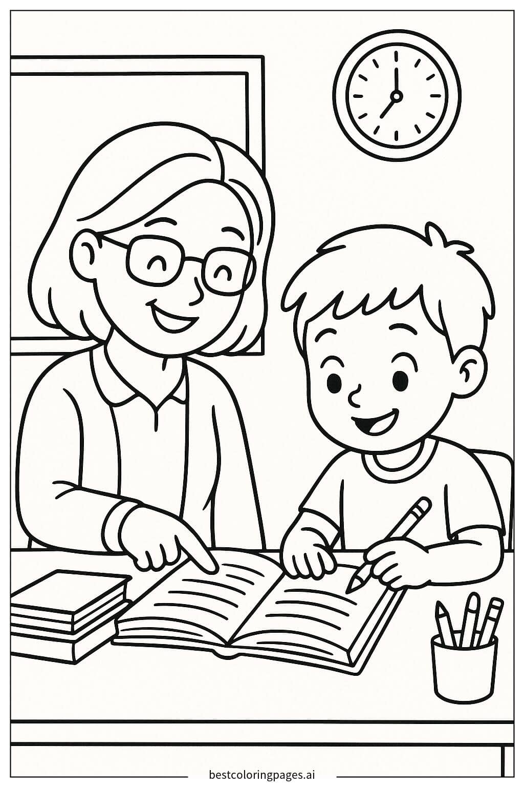 Teacher Assisting Student with Homework Coloring Page