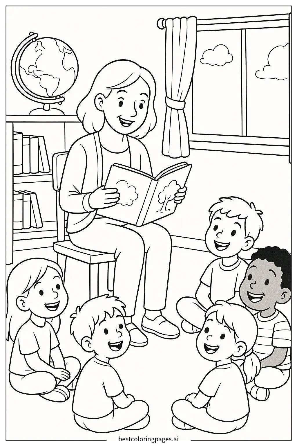 Desenhos de Professora lendo um livro de histórias para um grupo de crianças para Colorir