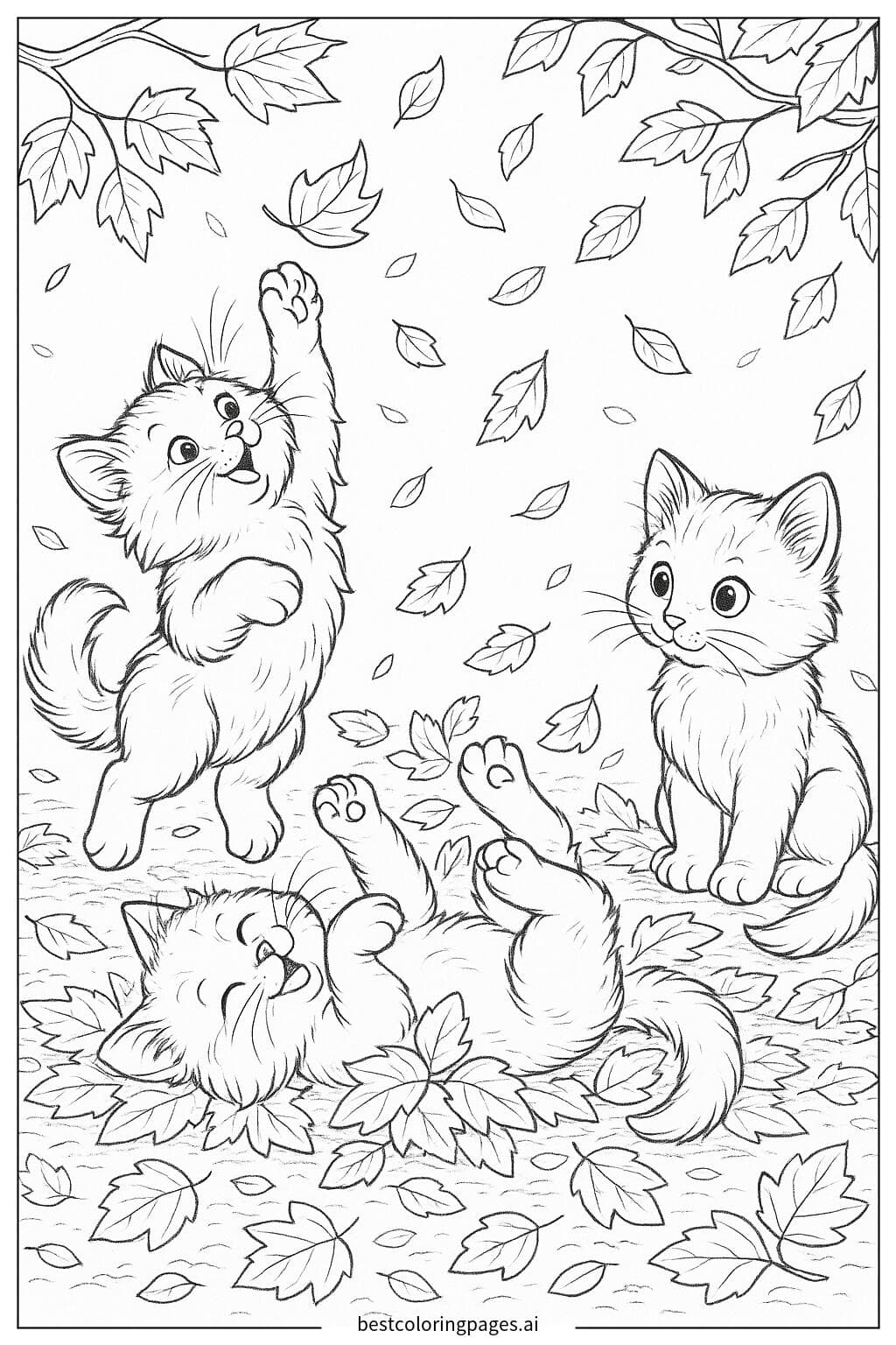 Three Kittens Playing in Autumn Leaves