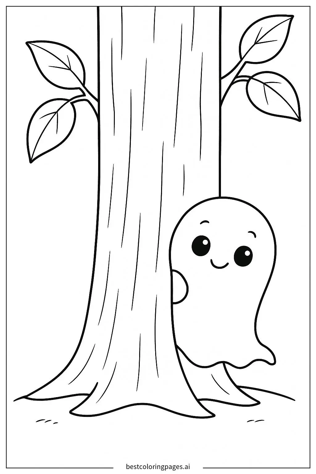 Little Ghost Peeking Behind a Tree Coloring Page