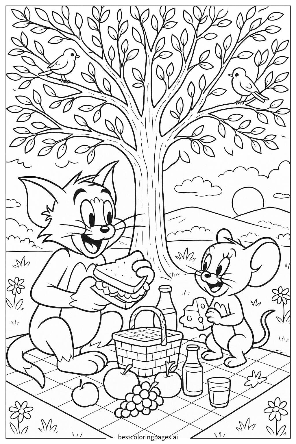 Tom and Jerry Enjoying a Picnic Under a Tree