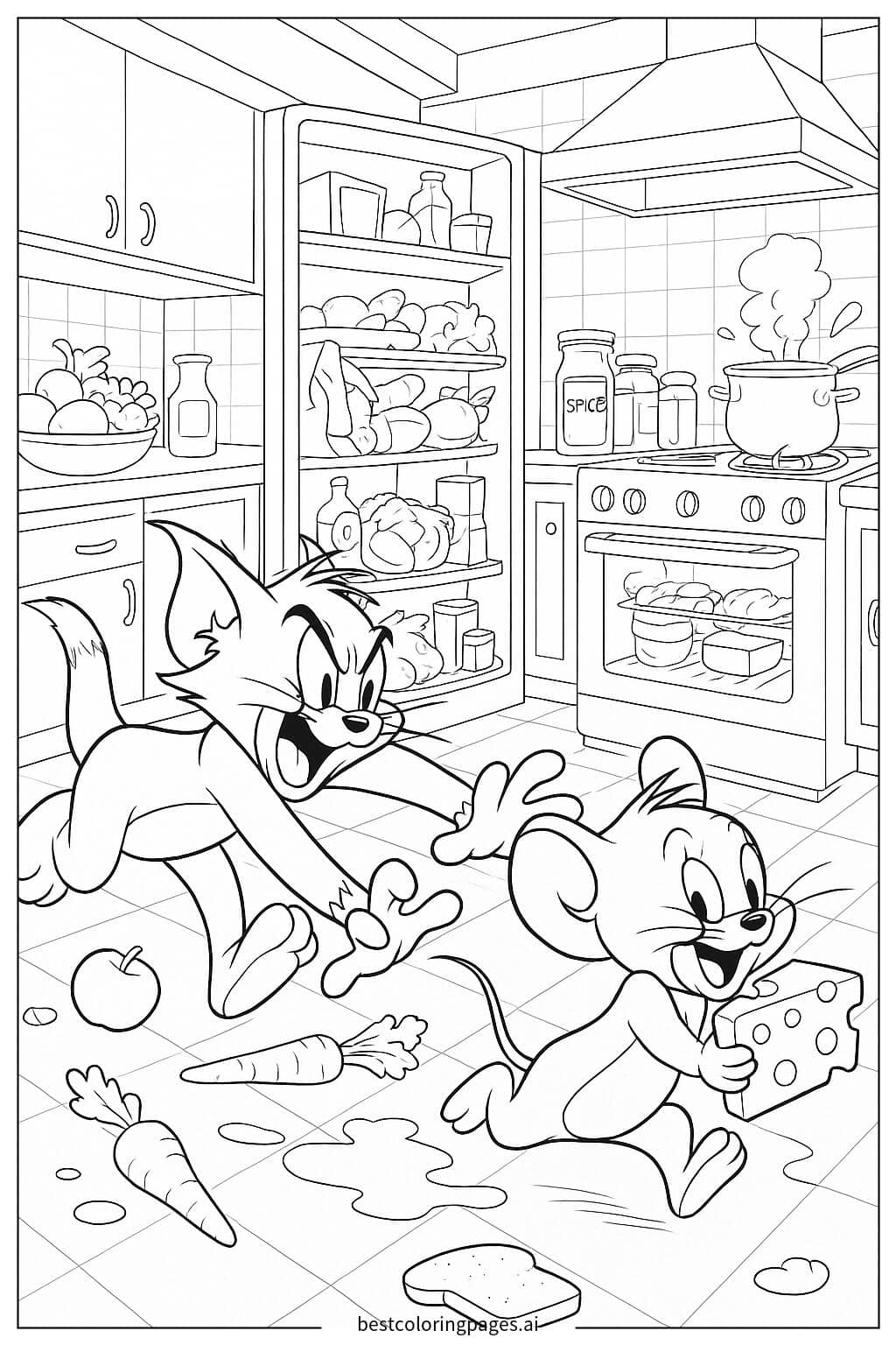 Tom Chasing Jerry Through a Kitchen Full of Food Coloring Page